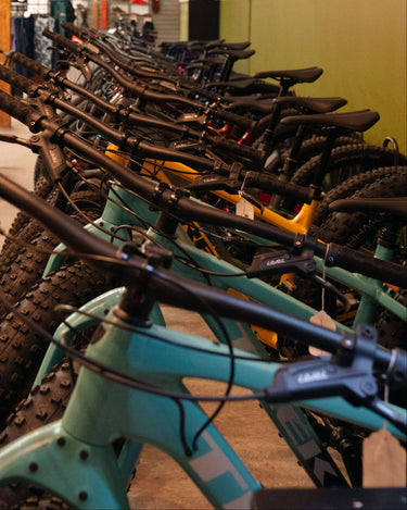 A line of bikes on display inside a bike shop
